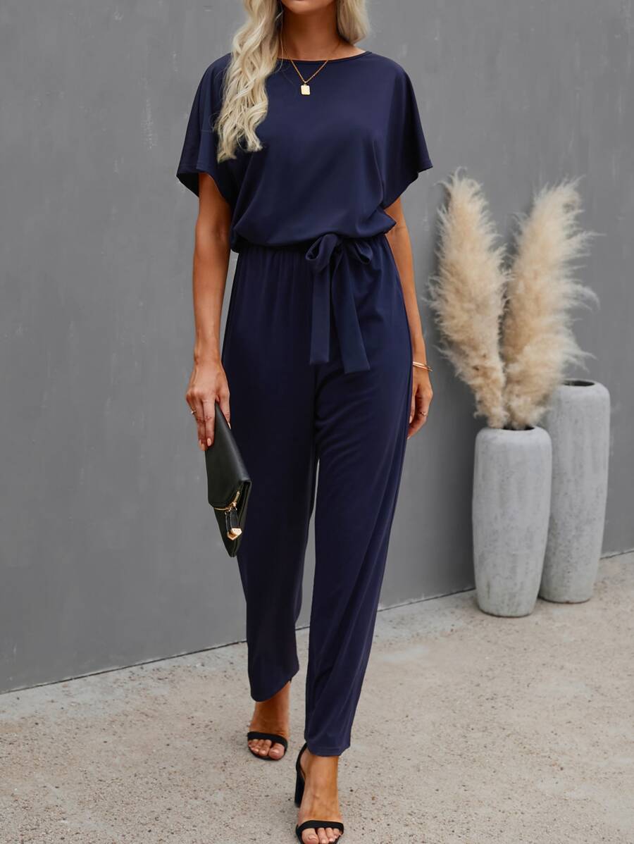 Solid Batwing Sleeve Belted Jumpsuit - Navy Blue - View 1