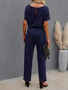 Solid Batwing Sleeve Belted Jumpsuit - Navy Blue - View 2