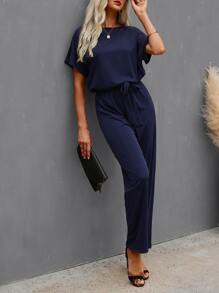 Solid Batwing Sleeve Belted Jumpsuit - Navy Blue - View 3