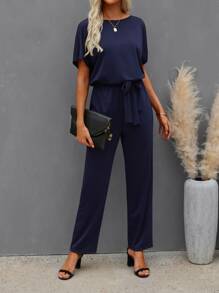 Solid Batwing Sleeve Belted Jumpsuit - Navy Blue - View 4