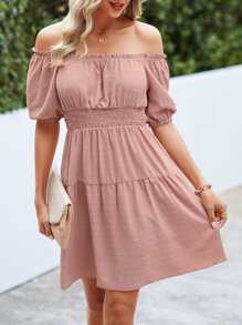 Vestido unicolor de cintura fruncido bajo con fruncido - Rosa vieja - Ver 3