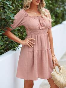 Vestido unicolor de cintura fruncido bajo con fruncido - Rosa vieja - Ver 4