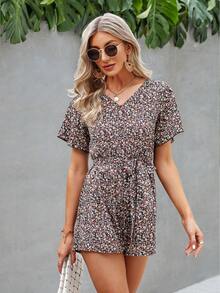 碎花V領腰帶連身短褲 - 彩色 - 查看 3