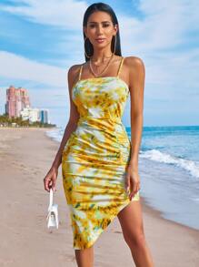 SHEIN SXY 紮染褶邊不對稱下擺吊帶連衣裙 - 黃色 - 查看 6