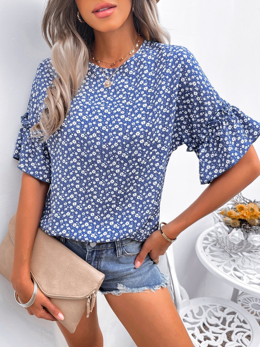 碎花荷葉袖襯衫 - 藍色 - 查看 1