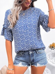 碎花荷葉袖襯衫 - 藍色 - 查看 5