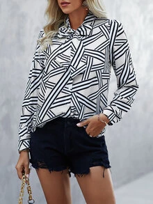 Áo sơ mi nữ Nút Thắt nút Hình học Giải trí - trắng - Xem 3