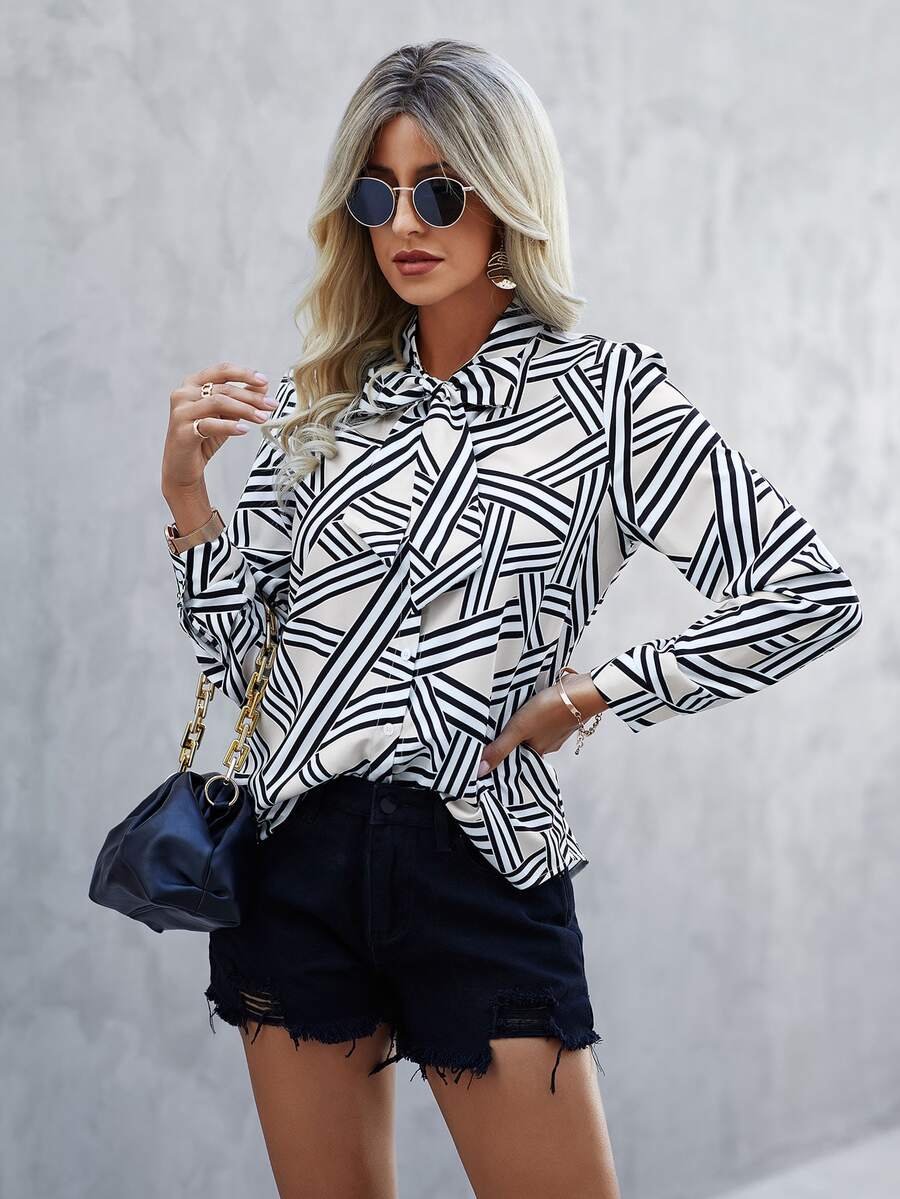 Áo sơ mi nữ Nút Thắt nút Hình học Giải trí - trắng - Xem 1