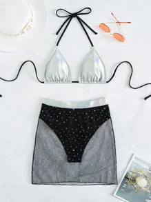 Bộ bikini hở lưng kim loại và đáy lưới sequin cho kỳ nghỉ hè ở bãi biển - Nhiều màu - Xem 3