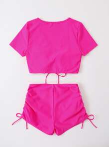 Plain Drawstring Bikini For Summer Beach - Hot Pink - View 2