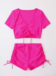 Plain Drawstring Bikini For Summer Beach - Hot Pink - View 3