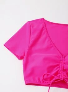 Plain Drawstring Bikini For Summer Beach - Hot Pink - View 4