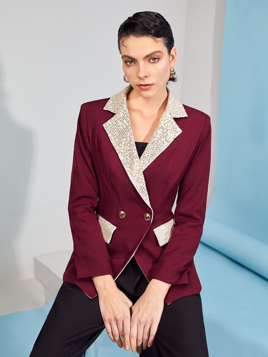 TS Designs 亮片拼接雙排釦西裝外套 - 酒紅色 - 查看 1