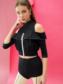 QUINCY Top corto de hombros descubiertos doblado con diseño con cremallera - Negro - Ver 5