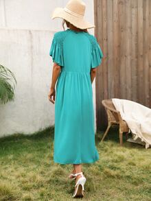 木耳褶皺邊繫帶領打褶蝴蝶袖連衣裙 - 綠色 - 查看 2