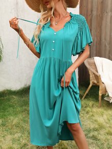 木耳褶皺邊繫帶領打褶蝴蝶袖連衣裙 - 綠色 - 查看 4