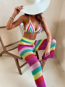 條紋圖案鏤空勾織罩衫套裝 - 彩色 - 查看 1