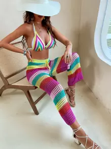 條紋圖案鏤空勾織罩衫套裝 - 彩色 - 查看 4