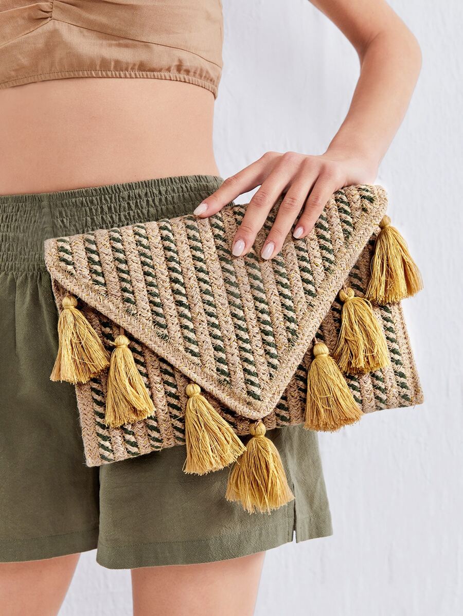 Straw Tassel Decor Flap Square Bag - Brown - View 1