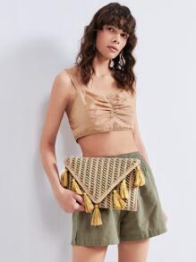 Straw Tassel Decor Flap Square Bag - Brown - View 4