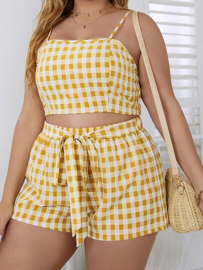 مقاس كبير بطباعة مربعات غنغهام صدرية كامي و شورت بحزام