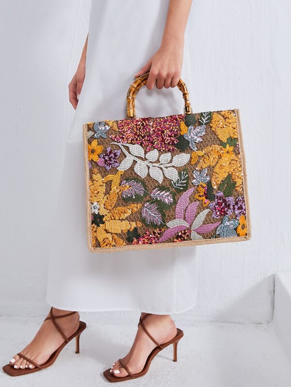 SHEIN VCAY Random Floral Decor Straw Bag SHEIN USA