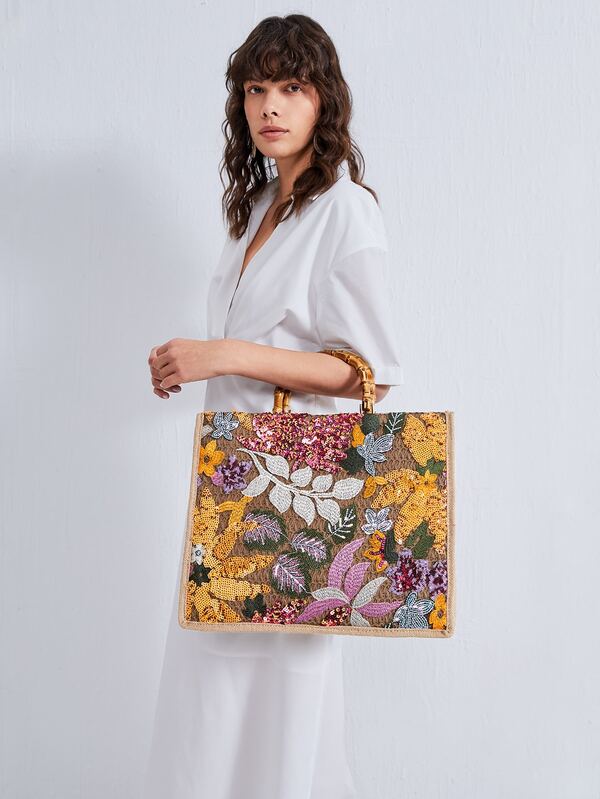 SHEIN VCAY Random Floral Decor Straw Bag SHEIN USA