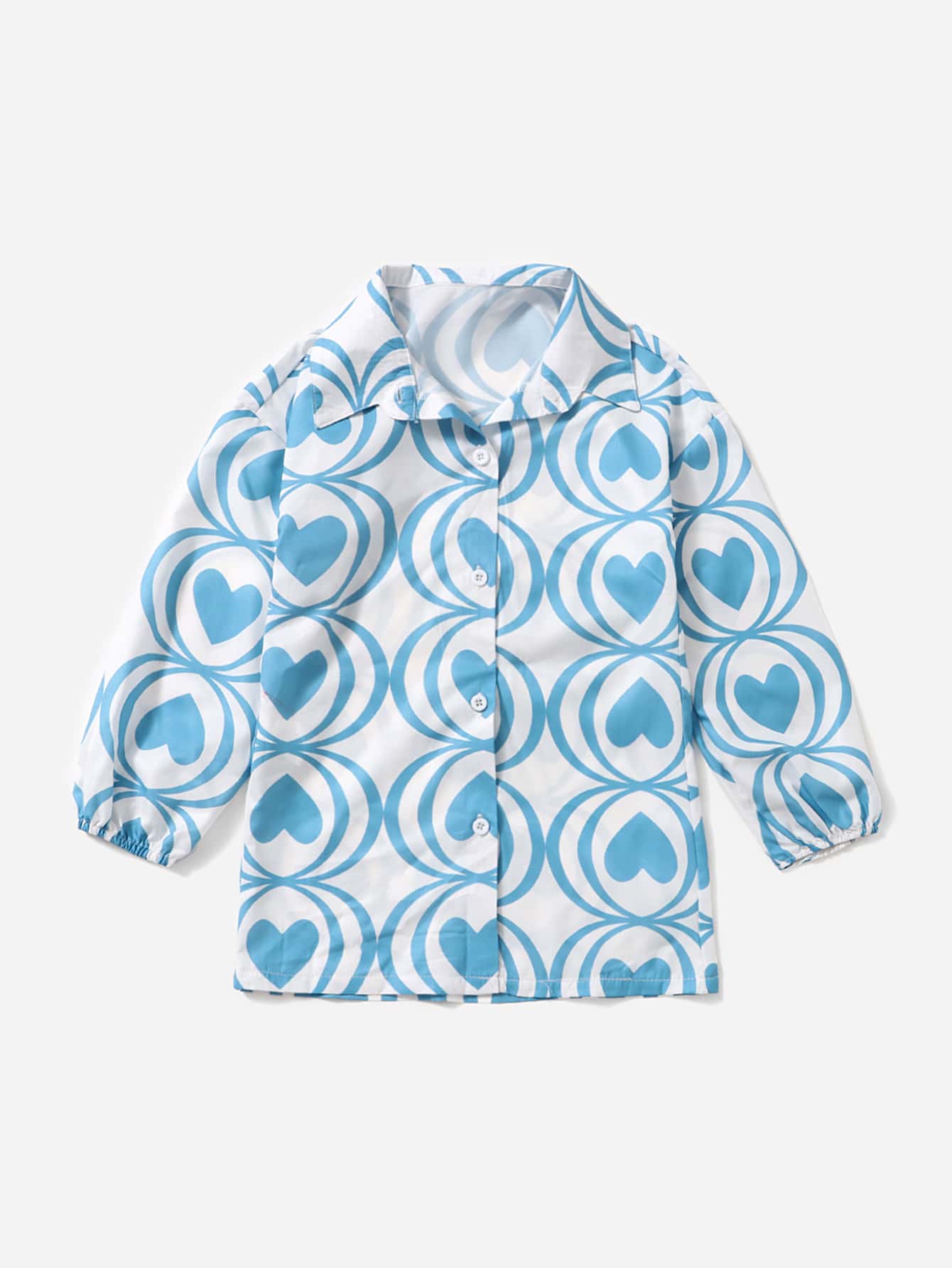 Teen Girls Heart Print Button Front Shirt - Blue and White - View 1