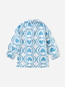 Teen Girls Heart Print Button Front Shirt - Blue and White - View 2