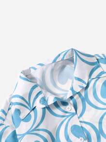 Teen Girls Heart Print Button Front Shirt - Blue and White - View 3