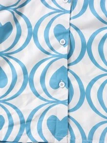 Teen Girls Heart Print Button Front Shirt - Blue and White - View 4