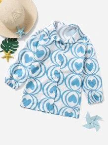 Teen Girls Heart Print Button Front Shirt - Blue and White - View 5