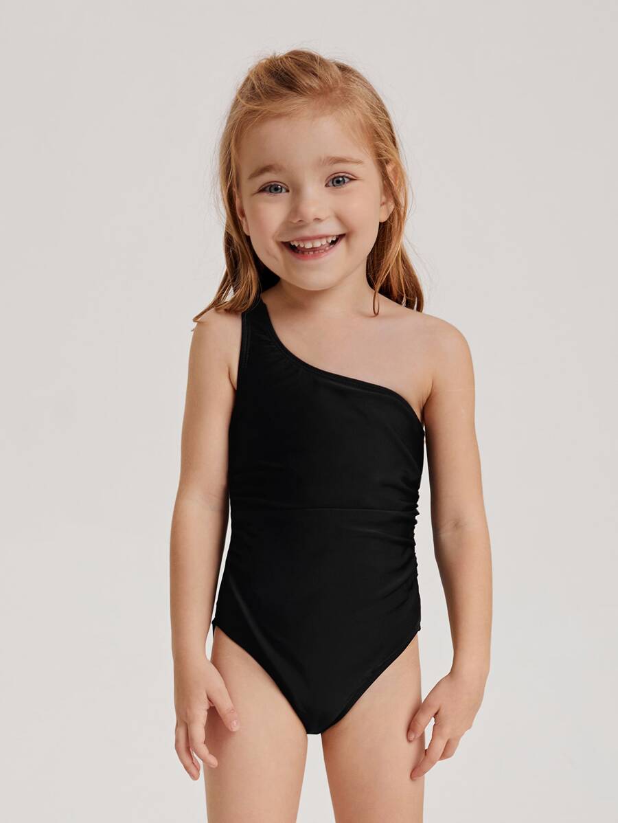 Toddler Girls Ruched One Shoulder One Piece Swimsuit - Black - View 1
