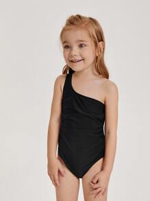 Toddler Girls Ruched One Shoulder One Piece Swimsuit - Black - View 3