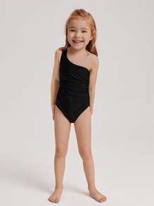 Toddler Girls Ruched One Shoulder One Piece Swimsuit - Black - View 5