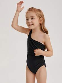 Toddler Girls Ruched One Shoulder One Piece Swimsuit - Black - View 6