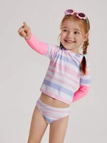 Young Girl Striped Rashguard Summer Beach - Multicolor - View 1