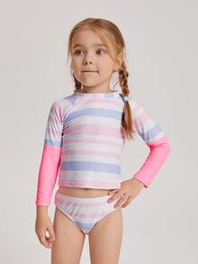 Young Girl Striped Rashguard Summer Beach - Multicolor - View 4