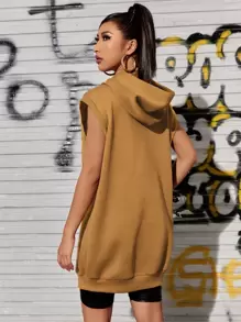 Solid Sleeveless Longline Hoodie - Coffee Brown - View 1