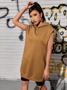 Solid Sleeveless Longline Hoodie - Coffee Brown - View 2