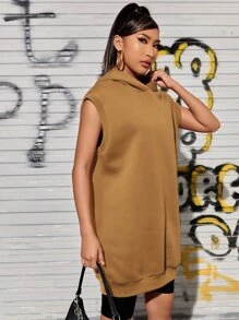 Solid Sleeveless Longline Hoodie - Coffee Brown - View 5