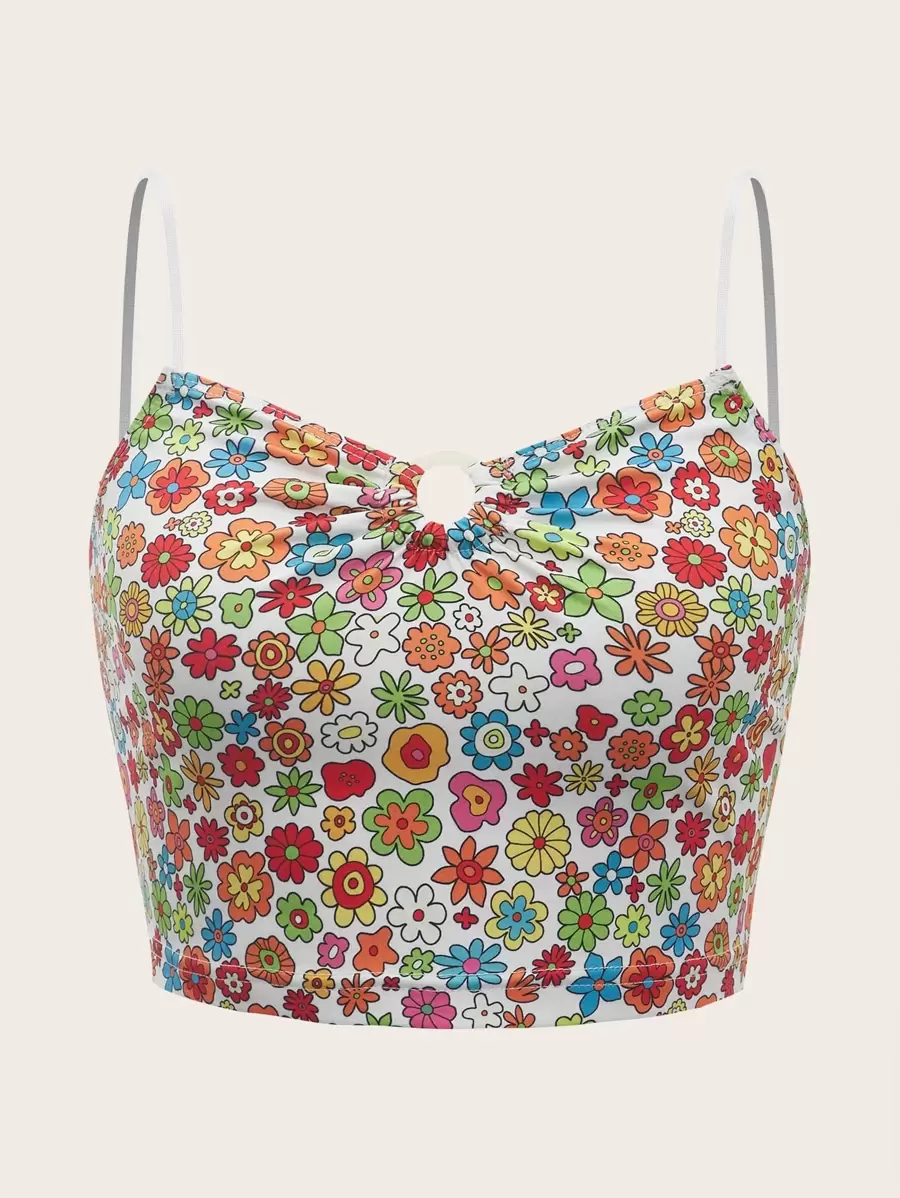 SHEIN MOD con estampado floral Anillo pecho con fruncido Top de tirantes corto - Multicolor - Ver 1