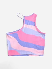 SHEIN EZwear 夏季外出多巴胺颜色不对称图形印花不对称颈部性感短款上衣 - 彩色 - 查看 2