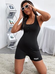 Áo liền quần nữ Nút phía trước Lá thư Giải trí - màu đen - Xem 4