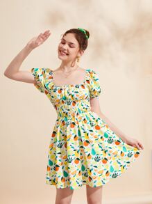 Wenli 水果印花方領泡泡袖連衣裙 - 彩色 - 查看 2