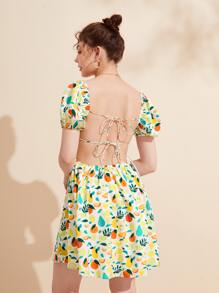 Wenli 水果印花方領泡泡袖連衣裙 - 彩色 - 查看 1