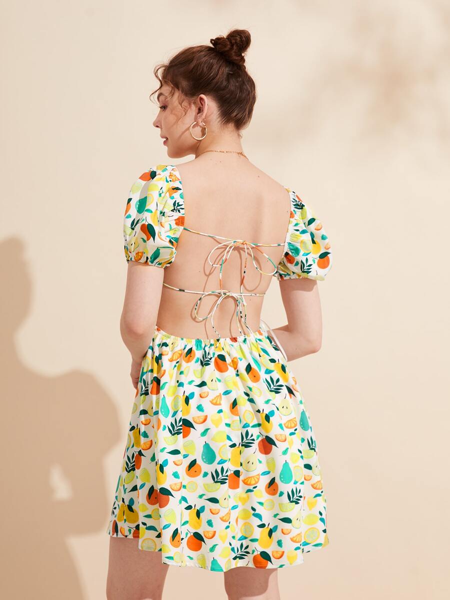 Wenli 水果印花方領泡泡袖連衣裙 - 彩色 - 查看 1