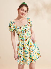 Wenli 水果印花方領泡泡袖連衣裙 - 彩色 - 查看 4