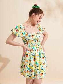 Wenli 水果印花方領泡泡袖連衣裙 - 彩色 - 查看 6