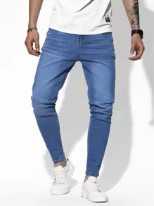 Manfinity Hombres Jeans ajustados con bolsillo oblicuo - Azul lavado medio - Ver 1